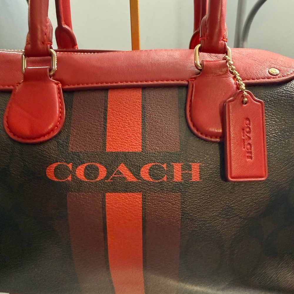 👜 Coach Leather Mini Satchel w/ Signature Stripe – Red & Brown - Picture 5 of 12